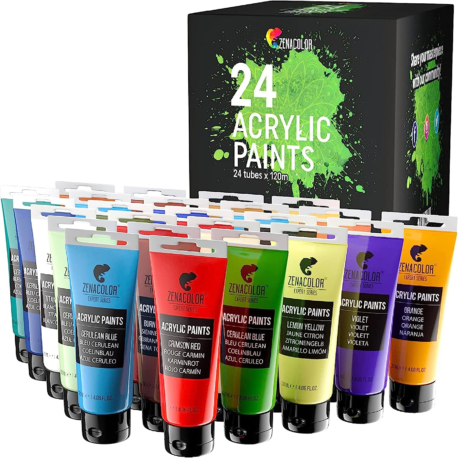 Zenacolor Outdoor Acrylic Paint Set (2 fl oz)- 20 Tubes 2 with Glow in The Dark Effect - Art Supplies for Adults - for Multiple Use- Woods